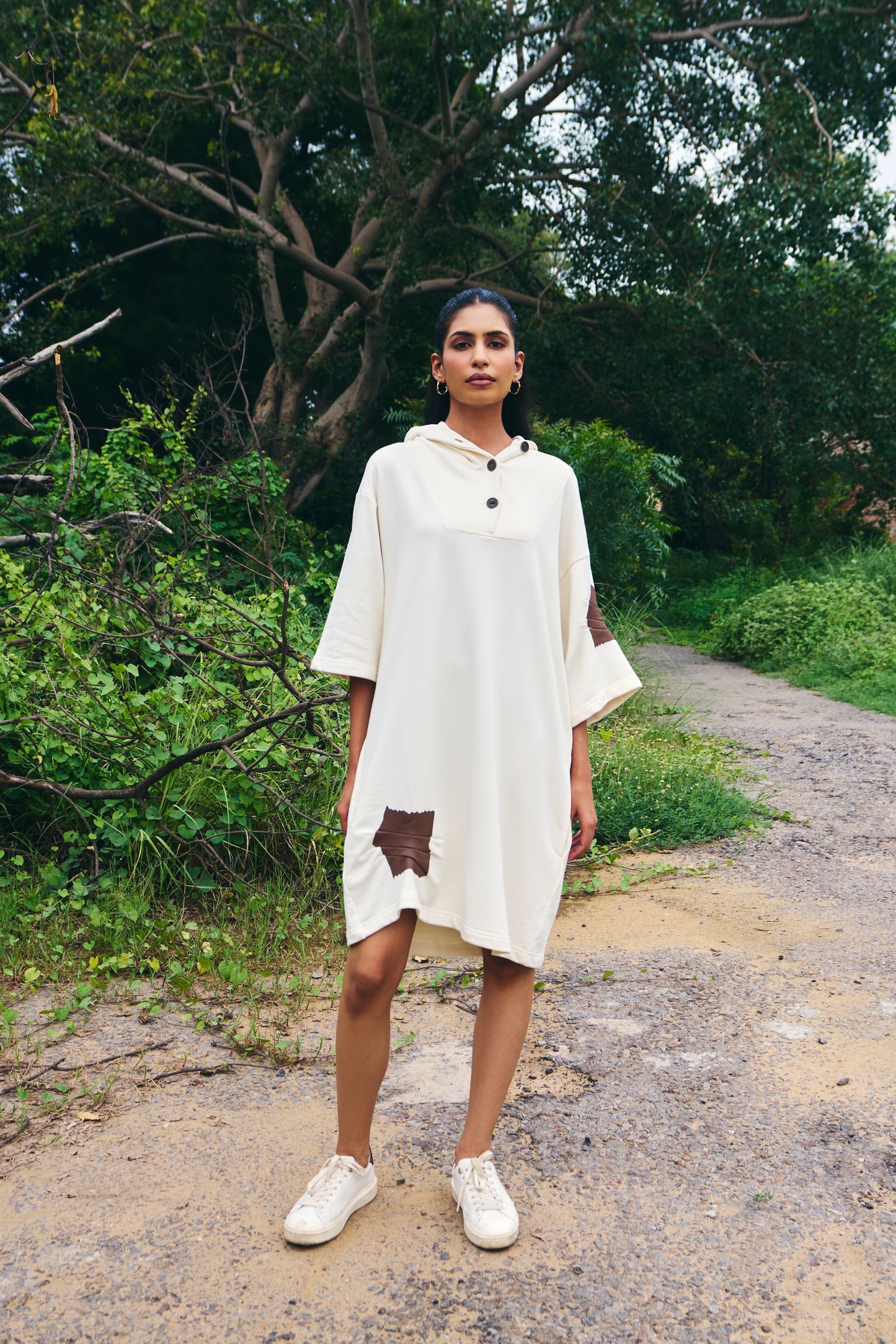 Hoodie Dress with Duct Tape Detail - Antique White
