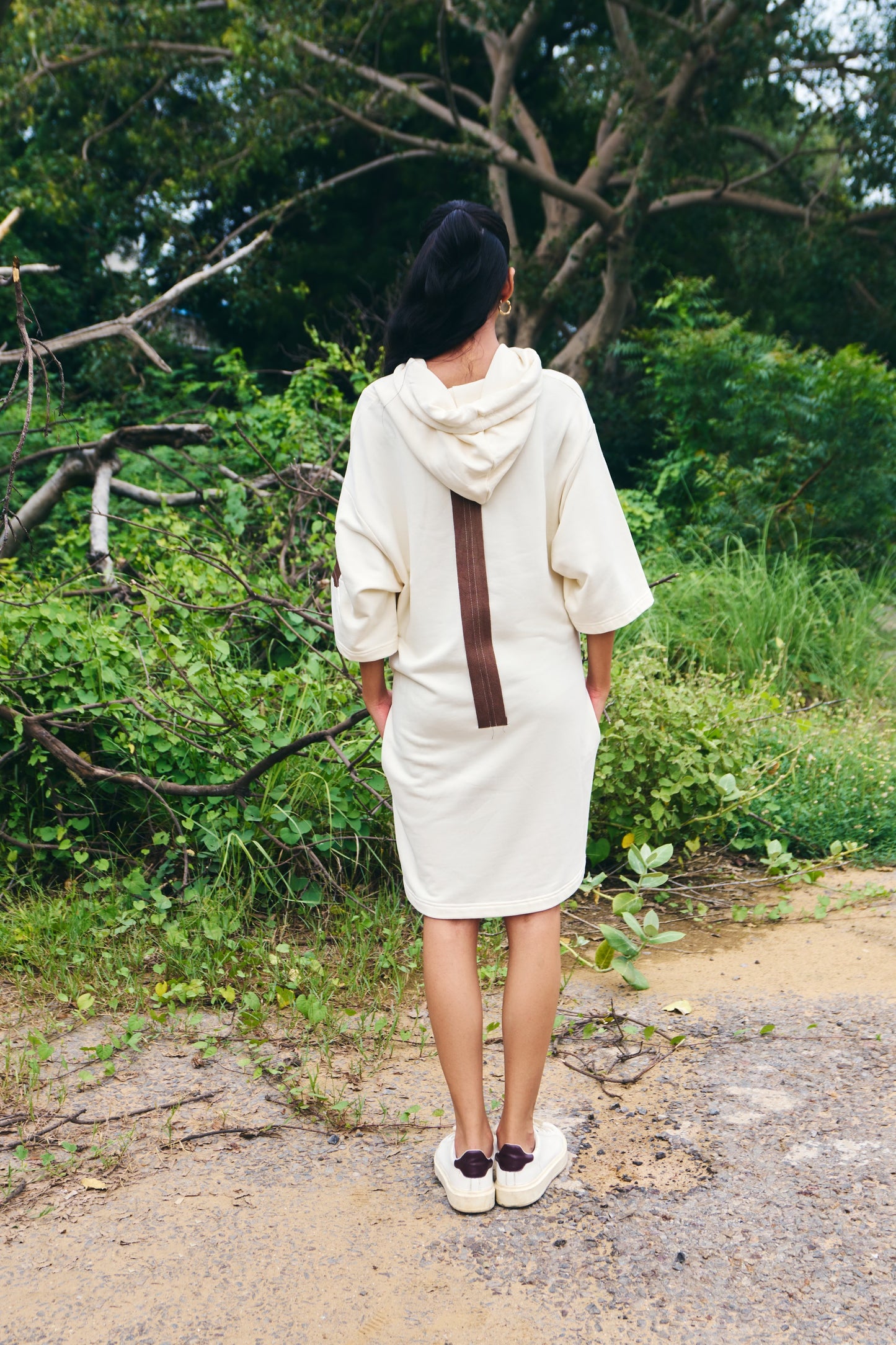 Hoodie Dress with Duct Tape Detail - Antique White