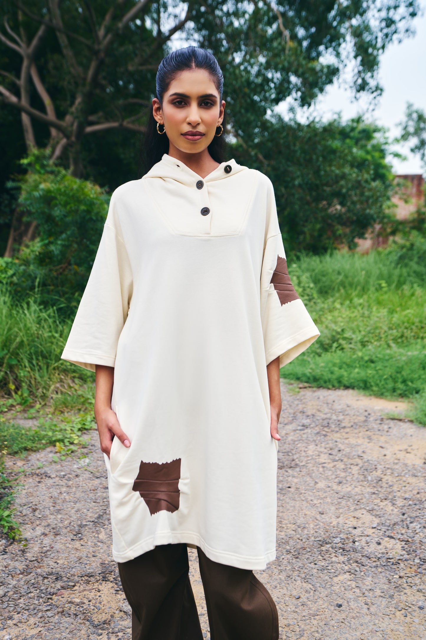 Hoodie Dress with Duct Tape Detail - Antique White