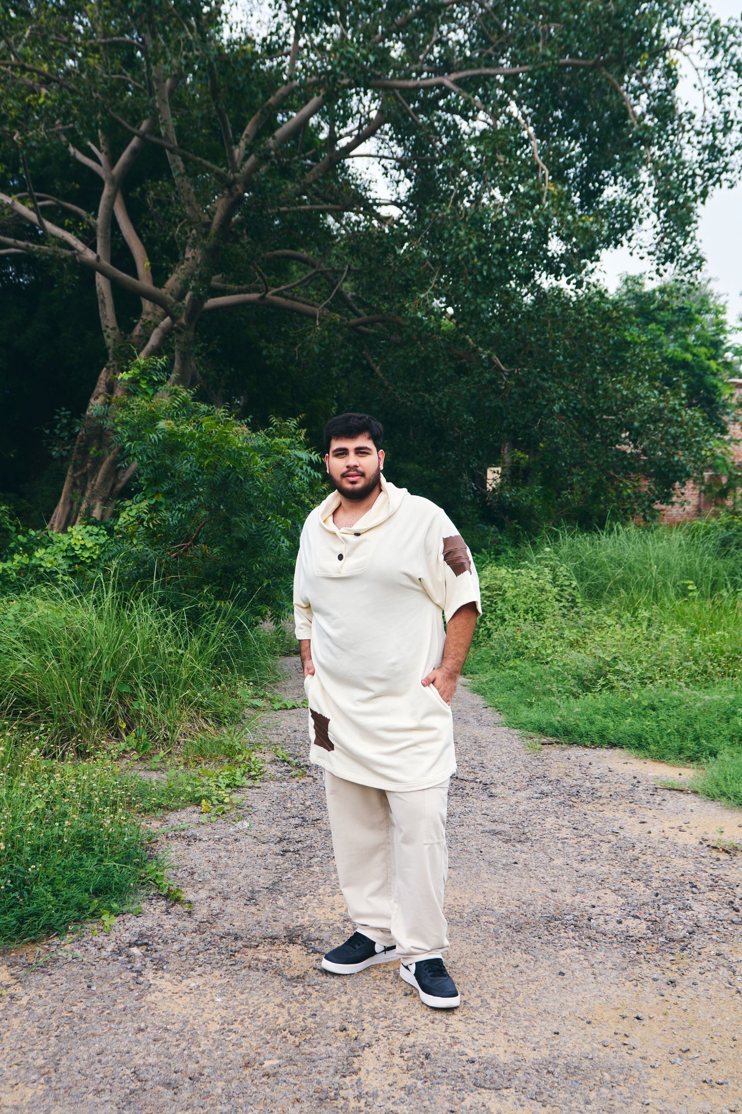 Hoodie Dress with Duct Tape Detail - Antique White