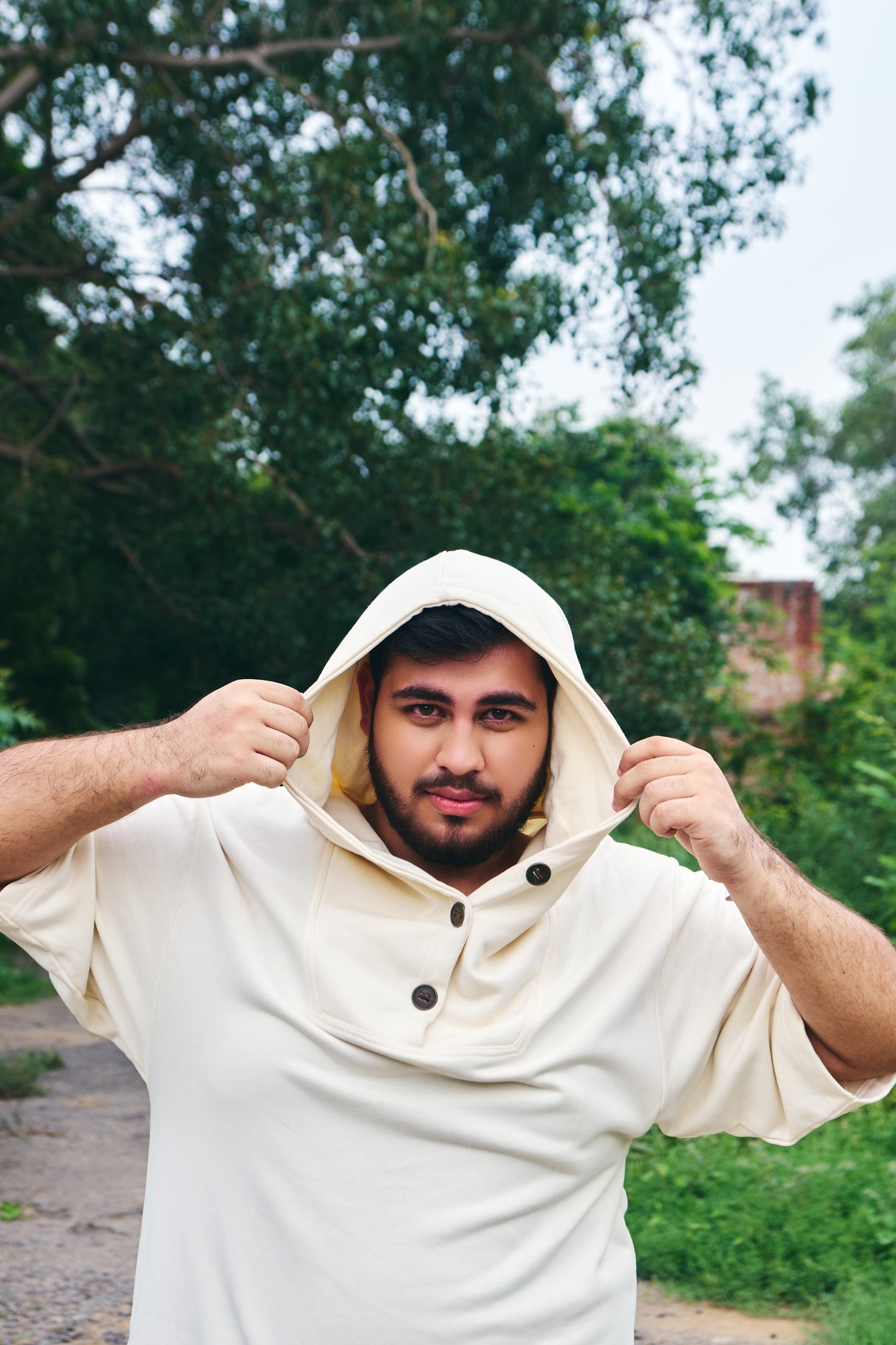 Hoodie Dress with Duct Tape Detail - Antique White