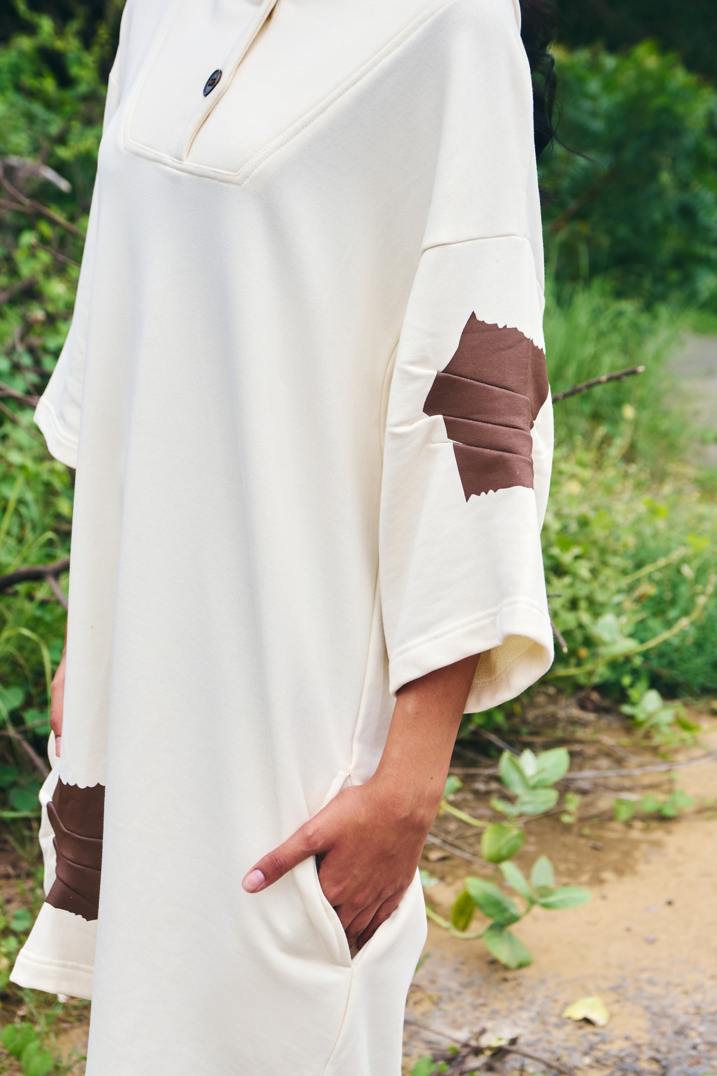 Hoodie Dress with Duct Tape Detail - Antique White